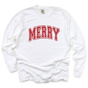 Simply Sage Market Merry Varsity Thick Outline Garment Dyed Long Sleeve - M - White - 1 of 4