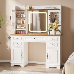 Coucheta Makeup Vanity Desk with LED Lighted Mirror, Makeup Vanity Table with Charging Station, White Wood Dressing Table for Bedroom, Dressing Room - 1 of 4