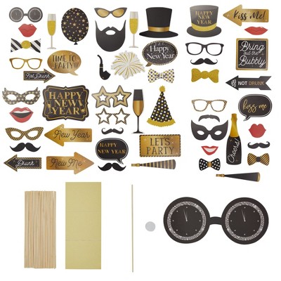 Blue Panda 50 Piece New Year's Eve Photo Booth Props, Black and Gold New Year Party Supplies