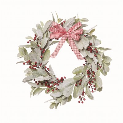 Transpac Fabric White Christmas Lambs Ear Wreath with Bow and Berries