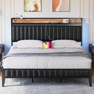 Bed Frame with Led Lights and Storage Headboard, Upholstered Platform Bed with Charging Station, Heavy Duty, No Box Spring Needed, Easy Assembly - 1 of 4