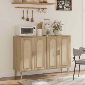 Rattan Cabinet with 4 Doors, Boho Wooden Sideboard for Entryway, Hallway, Dining Room, Living Room - 1 of 4