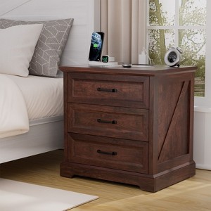 Hommpa Modern Rustic Bedside Table Nightstand 3 Drawers with Charging Station for Bedroom or Living Room - 1 of 4
