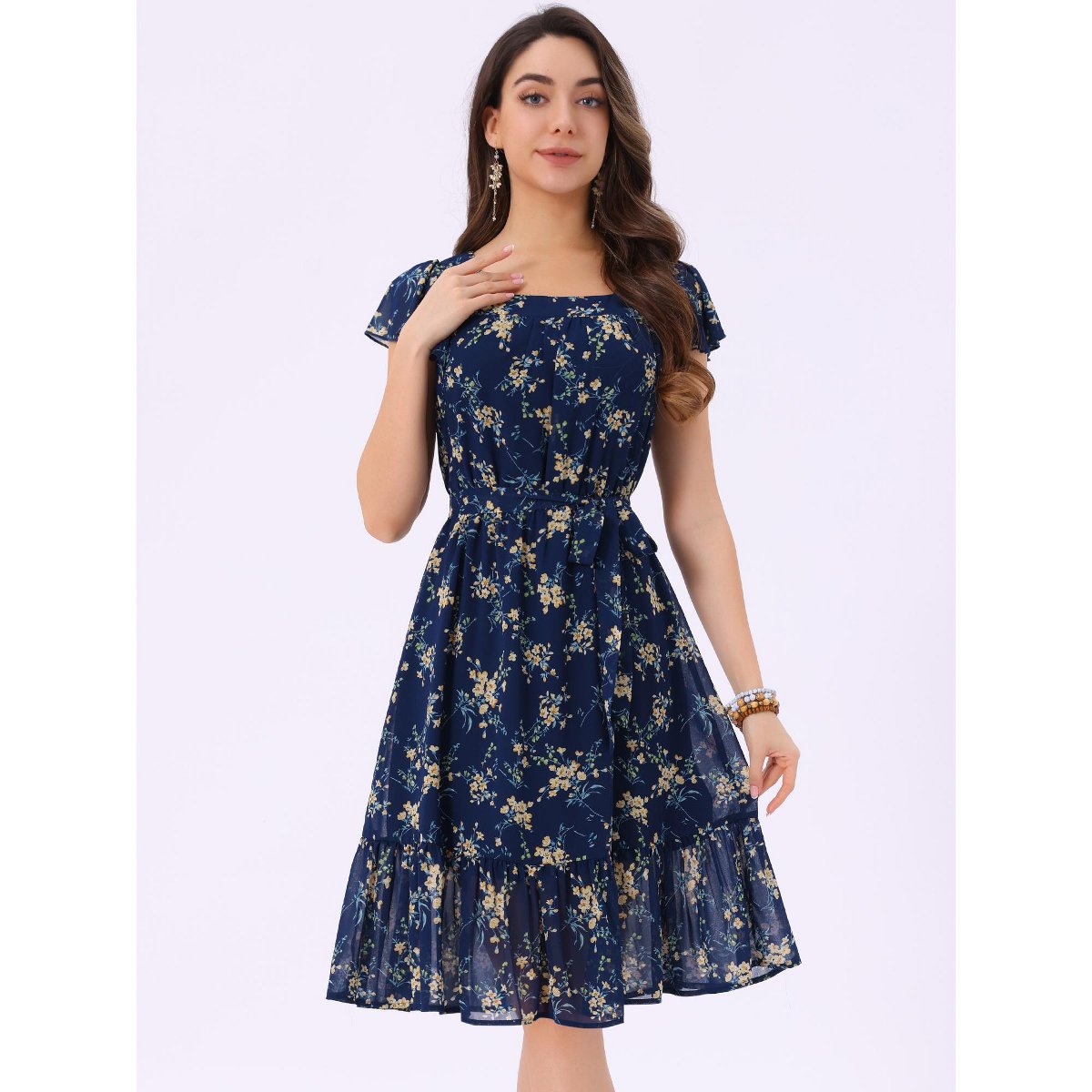Женские платья INSPIRE CHIC Women's Floral Chiffon Flutter Sleeve Belted Square Neck Ruffled Hem Dress Blue Large — фото 3