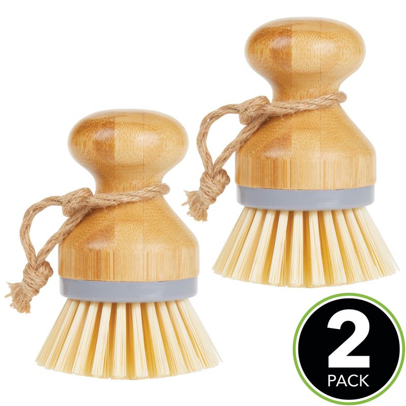 mDesign Bamboo Non-Scratch Dish Scrubber Cleaning Brush, 2 Pack, 2 of 9
