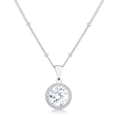 ShineHigh 3Ct Rhodium Plated Round Halo Satellite Pendant Necklace with Clear or Blue Green CZ Stone – 18" Chain + 2" Extender, Elegant Halo Design