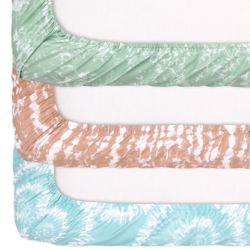 The Peanutshell Mini Crib, Playard Sheets, 3 Pack, Boho Tie Dye | Blue, Green, Brown, 4 of 8