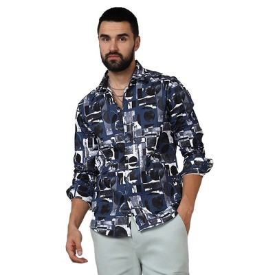 Campus Sutra Men Men's Navy Blue & Midnight Black Abstract Geometric Shirt
