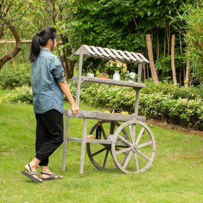 Antique Rustic Gray Solid Wood 3-Tier Plant Stand Cart with Wheels