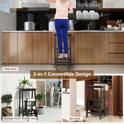 Brown Rubber Wood Foldable 3-Tier Step Stool and Storage Shelf