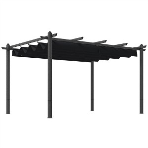 Outsunny Outdoor Retractable Pergola, Heavy Duty Wood Grain Aluminum with Weather Resistant Fabric Sun Shade Canopy, Patio Shelter - 1 of 4