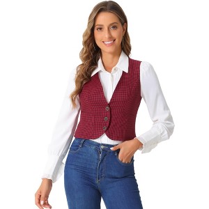 INSPIRE CHIC Women's Vintage Plaid V Neck Single Breasted Sleeveless Vest - 1 of 4