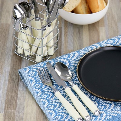 Gibson 16-Piece Stainless Steel Flatware Set with White Handles and Wire Caddy