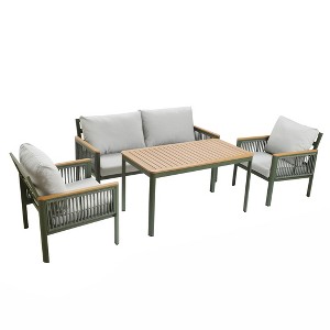 LuxenHome 4-Piece Outdoor Aluminum with Wood-Style Plastic Patio Set with Cushions - 1 of 4