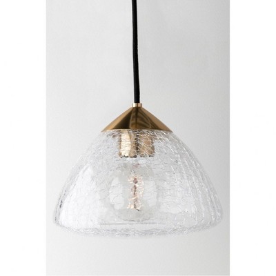 Aged Brass and Crackle Glass Single Pendant Light
