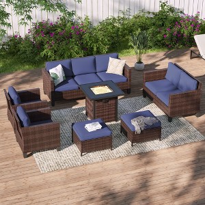 Sonkuki 7 Pieces Patio Sofa with Square Fire Pit Table and Ottomans, Wicker Conversation Couch, Sand Cushion - 1 of 4