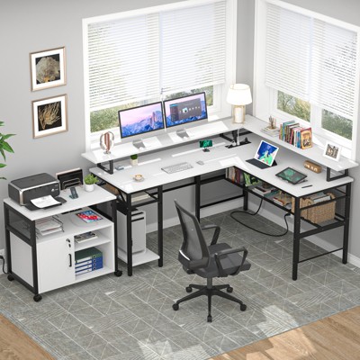 Aheaplus L Shape Computer Desk Reversible Gaming Desk with Charge Station and LED Light