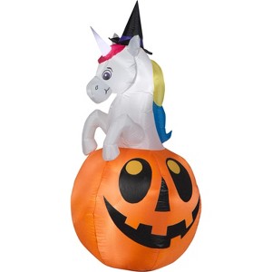 Gemmy Airblown Inflatable Unicorn w/Colorchanging Horn out of Pumpkin Scene (RGB), 5 ft Tall, Multicolored - 1 of 4