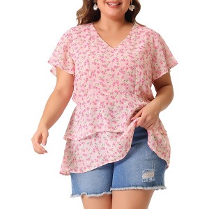 Agnes Orinda Women's Plus Size V Neck Short Sleeve Floral Print Tiered Peplum Blouses - 1 of 4
