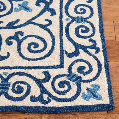Ivory and Dark Blue Handmade Wool 6' x 9' Area Rug