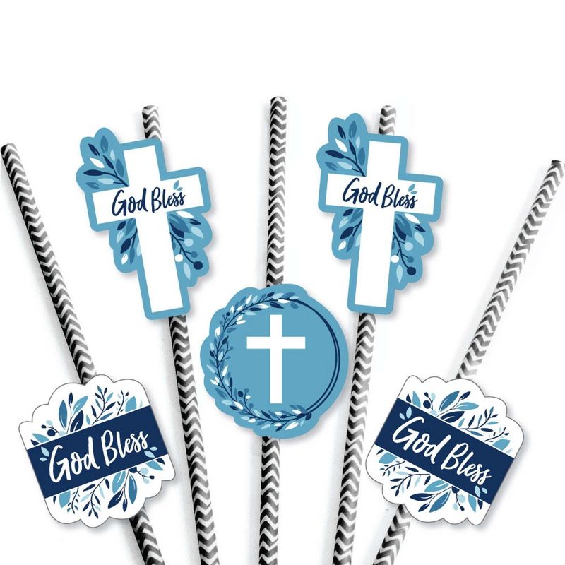 Big Dot of Happiness Blue Elegant Cross - Paper Straw Decor - Boy Religious Party Striped Decorative Straws - Set of 24, 5 of 6