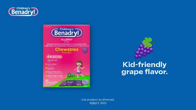 Children&#39;s Benadryl Diphenhydramine Allergy Relief Chewable Tablets - Grape - 20ct, 2 of 10, play video