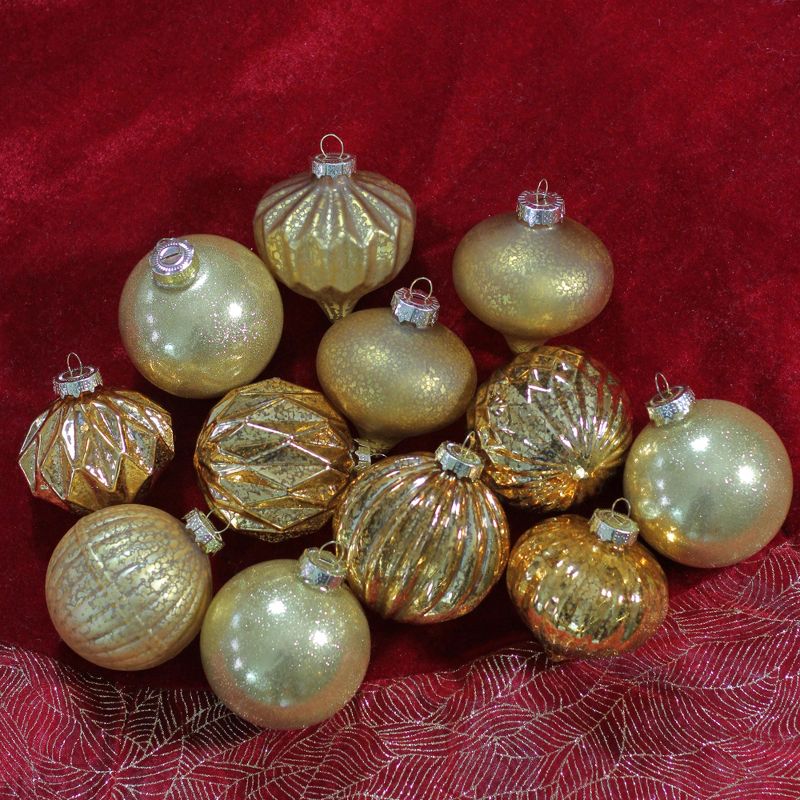Northlight 12ct Gold Mercury Glass Style Glass Christmas Ornament Set 3", 2 of 4