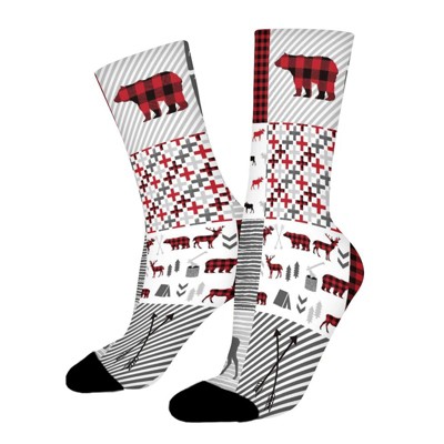 Buffalo Plaid Moose Bear Cabin Camping Women Printed Crew Socks Funny Funky Socks Soft Polyester Novelty Gifts for Artists Men
