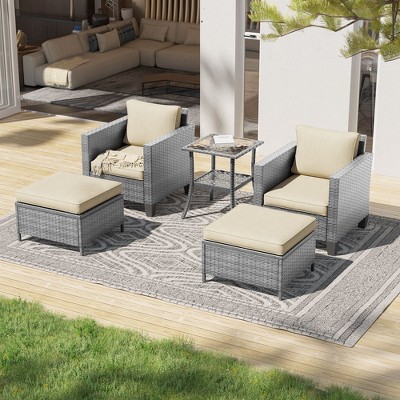 Sonkuki 5 Pieces PE Rattan Furniture Set with Side Table, Patio Chair with Washable Cushion, Ottomans for Balcony, Porch and Yard