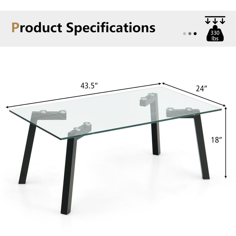 Costway Tempered Glass Coffee Table Modern Center Table with Metal Frame for Living Room, 5 of 11