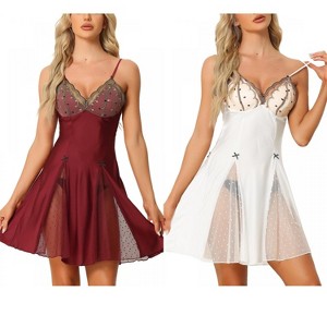 INSPIRE CHIC Women's 2 Pcs Lingerie Babydoll Satin Mini Chemise with Mesh Inset Sweet Nightgown - 1 of 4