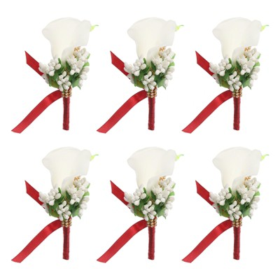 Unique Bargains Calla Lily Boutonnieres Silk Ribbon Artificial Flowers with Pins 2 Pcs