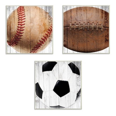 3pc 12"x0.5"x12" Baseball Football Soccer Wood Planks Wall Plaque Art Set - Stupell Industries