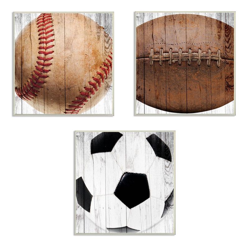 3pc 12&#34;x0.5&#34;x12&#34; Baseball Football Soccer Wood Planks Kids&#39; Wall Plaque Art Set - Stupell Industries, 1 of 5