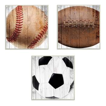 3pc 12"x0.5"x12" Baseball Football Soccer Wood Planks Kids' Wall Plaque Art Set - Stupell Industries