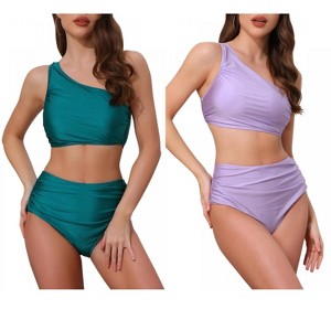 INSPIRE CHIC Women's One Shoulder Push Up Top High Waisted Tummy Control Bottom Swimwear Bikini Suits 2 Sets - 1 of 4
