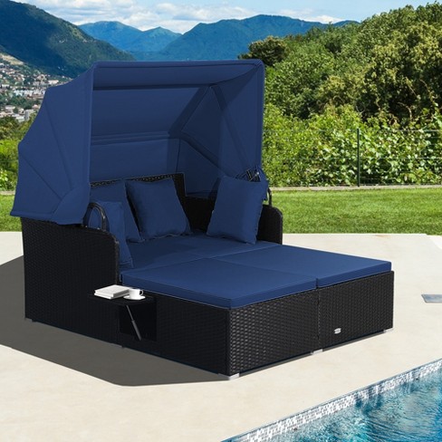 Costway Patio Rattan Daybed Lounge Retractable Top Canopy Side Tables ...