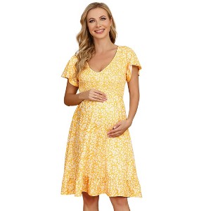 Women's Maternity Smocked Short Sleeve Summer Dress V Neck Boho Ruffle Casual Swing Midi Dress Baby Shower Photoshoot - 1 of 4