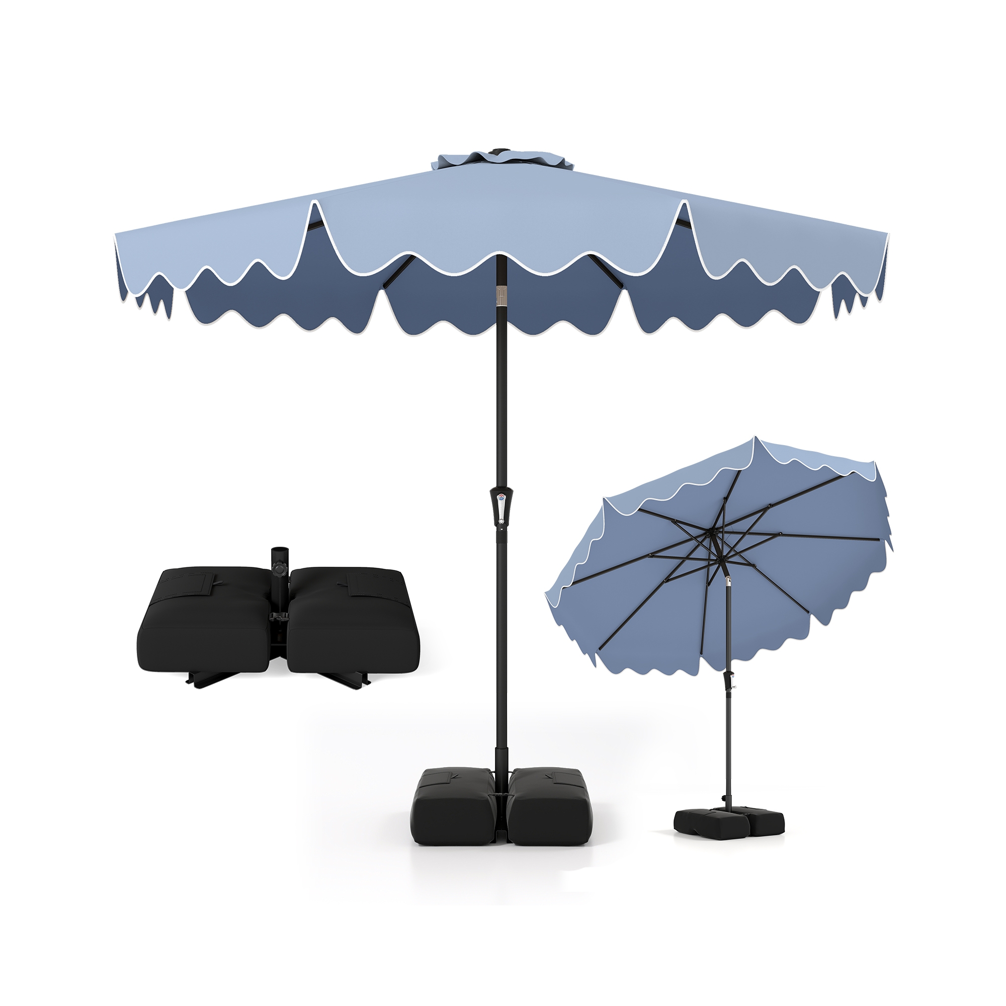 Costway 9 FT Patio Umbrella with Weighted Base Sandbags Push Button Tilt Crank Sturdy Ribs Blue