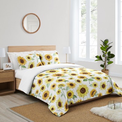White and Yellow Sunflower Microfiber Full Comforter Set