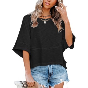 Imily Bela Women's Half Sleeve T-Shirts Solid Color Loose Flowy Tops T-shirt - 1 of 2