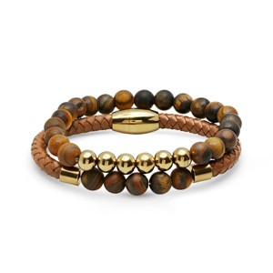 Steeltime Men's set of 2 stainless steel tiger eye beaded and brown leather tiger eye beaded bracelets.. Color Options: Silver, Gold - 1 of 4