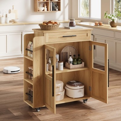 Rolling Kitchen Island with Drawer, Solid Wood Cart, Storage Cabinet, 3-Tier Spice Rack, Mobile Trolley on Wheels