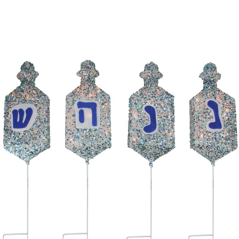 Northlight 4-Piece Silver and Blue Pre-Lit Dreidel Outdoor Hanukkah Pathway Markers, 1 of 3