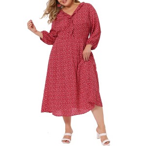Agnes Orinda Women's Plus Size Long Sleeve V-Neck Sweetheart Print Midi Ruffle Tunic Dresses - 1 of 4