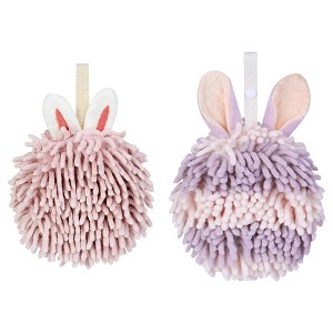 REGALWOVEN 2 Packs Fluffy Chenille Rabbit Shape Cute Soft Absorbent Hanging Ball Hand Towels 7" x 7" - 1 of 4