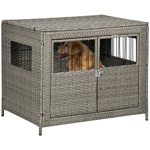 PawHut Rattan Dog Crate with Double Doors, Wicker Dog Cage with Large Entrance and Soft Cushion, Dog Kennel for Medium to Large Sized Dogs, Gray - 1 of 4