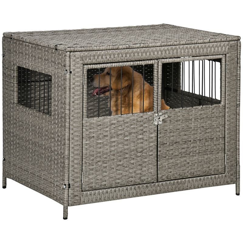 PawHut Rattan Dog Crate with Double Doors, Wicker Dog Cage with Large Entrance and Soft Cushion, Dog Kennel for Medium to Large Sized Dogs, Gray, 1 of 8