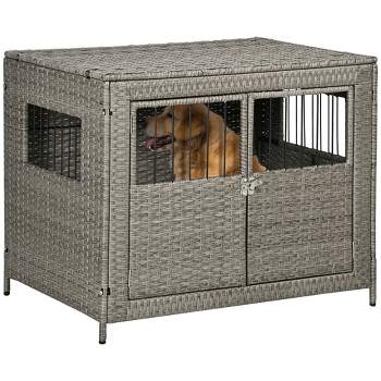 PawHut Rattan Dog Crate with Double Doors, Wicker Dog Cage with Large Entrance and Soft Cushion, Dog Kennel for Medium to Large Sized Dogs, Gray