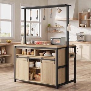 Kitchen Island Table with Sliding Barn Door Storage, Coffee Bar, Multi Functional Bakers Rack with Hooks, Adjustable Shelves - 1 of 4